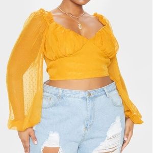 Plus Mustard Mesh Puff Sleeve Crop Top